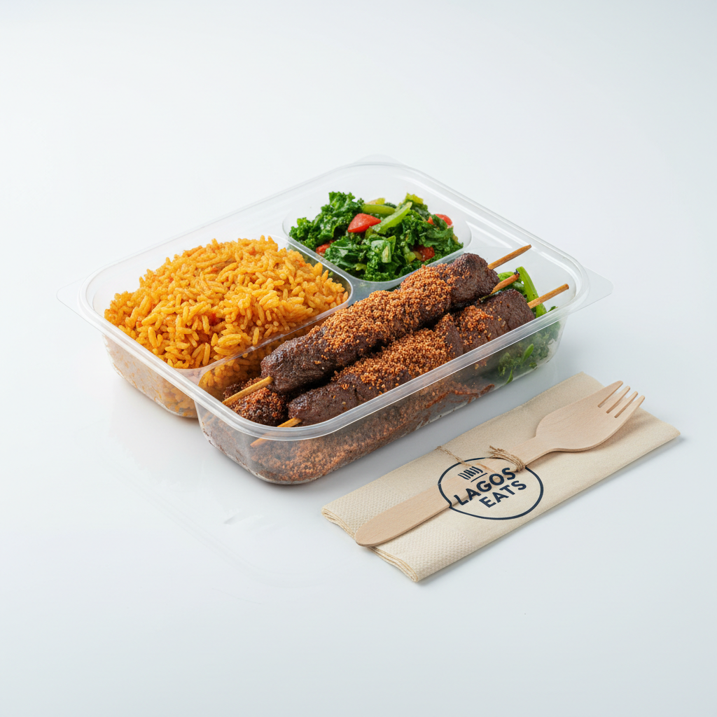 A carefully styled photographic realism scene of a takeout-ready Nigerian meal, with a clear, high-quality compartmentalized container filled with jollof rice, grilled suya beef skewers dusted with visible spices, and bright green sautéed vegetables. The container is placed on a flawless white surface with a subtle reflection, next to a neatly folded branded paper napkin and a simple, modern wooden cutlery set. Cool, even studio lighting eliminates harsh shadows while still defining textures in the rice and meat. Shot from a slightly elevated angle with crisp focus throughout, the composition feels organized and professional, conveying reliability and cleanliness for a made-to-order delivery service, with ample negative space on one side for digital text placement.