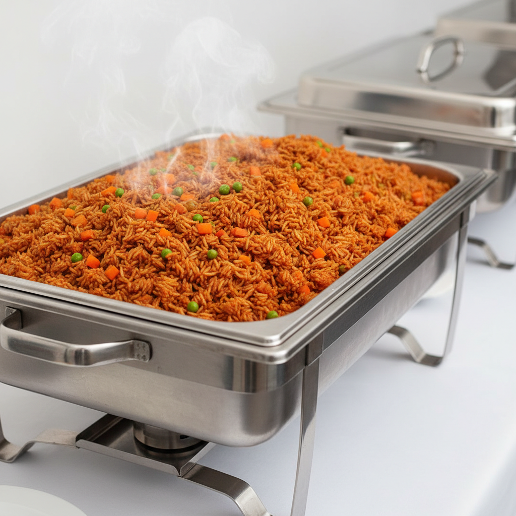 A photographic realism close-up of a Nigerian party jollof catering tray, a large, gleaming stainless-steel chafing dish filled with deeply colored, smoky jollof rice dotted with bright green peas and orange carrot cubes. Thin wisps of steam rise from the surface, hinting at heat. The tray is centered on a pristine white buffet table with minimal decor, with another covered tray partially visible and softly blurred in the background. Bright but soft overhead lighting evenly illuminates the food, enhancing the rice’s glossy texture without harsh reflections from the metal. Captured from a slightly low angle to make the tray feel abundant and generous, the mood is celebratory yet professional, ideal for promoting event catering services.