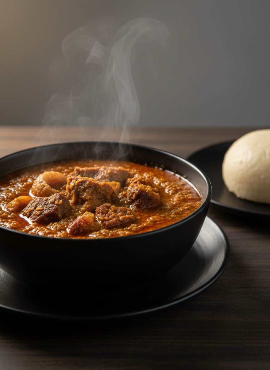 A steaming bowl of Nigerian egusi soup in photographic realism, thick and textured with visible ground melon seeds, palm oil sheen, and generous chunks of assorted meats, presented in a deep, matte-black ceramic bowl. Next to it, smoothly rounded pounded yam sits on a smaller black plate, its surface glistening subtly. Both rest on a dark wooden table with a fine grain, against a softly blurred neutral gray background. Warm, directional light from the upper left highlights the soup’s surface and creates gentle, appetizing shadows, emphasizing depth and richness. Captured at eye level with a shallow depth of field focused on the soup’s center, the composition feels intimate yet polished, ideal for showcasing signature dishes on a professional Nigerian cuisine website.