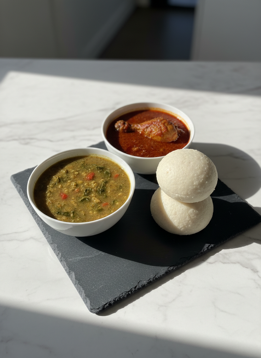 A close-up, photographic realism overhead shot of a traditional Nigerian spread arranged for online menu showcasing, featuring individual white porcelain bowls of egusi soup with specks of ground melon seeds, rich red stew, and perfectly rolled balls of pounded yam with a smooth, matte surface. The dishes are organized neatly on a dark slate serving board atop a spotless marble countertop, evoking a modern professional kitchen. Soft diffused daylight from the side casts gentle, natural shadows and brings out the rich greens, reds, and creams of the sauces. The mood is refined yet hearty, emphasizing quality ingredients and careful preparation, with a clean, minimalist composition that keeps labels or text space available around the edges for website overlays.