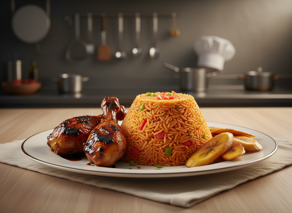 A meticulously plated Nigerian jollof rice dish in photographic realism, featuring vibrant orange-red grains with visible flecks of tomato and peppers, nestled beside glossy, deep-brown grilled chicken and perfectly fried plantain slices with caramelized edges. The plate rests on a clean, light-wood restaurant table with a subtle linen placemat, against a softly blurred background of a modern, professional kitchen interior. Warm, directional lighting from above creates appetizing highlights on the rice and gentle shadows around the plate, enhancing texture. Captured from a slightly elevated three-quarter angle with shallow depth of field, the composition centers the dish with extra space around for negative white space, projecting a polished, premium, and inviting mood suitable for a professional food ordering website.