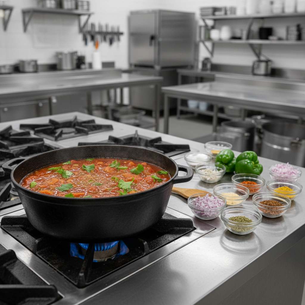A photographic realism hero image of a pristine stainless-steel commercial stovetop with a large, well-seasoned pot of Nigerian stew gently simmering, the surface displaying visible swirls of red palm oil, tomatoes, and aroma-laden herbs. Neatly arranged beside the pot are bowls of prepped ingredients: chopped onions, peppers, and spices in small glass ramekins, all on a spotless brushed-metal counter. Neutral, bright overhead lighting illuminates the scene evenly, creating clean reflections without glare. The background shows a subtly blurred, modern, organized kitchen environment with straight lines and professional equipment. Shot from a slightly elevated angle with sharp focus on the pot and ingredients, the mood is professional, trustworthy, and craft-focused, emphasizing the made-to-order, freshly prepared nature of the meals.