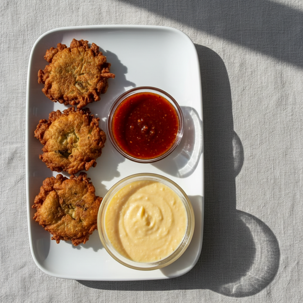 A top-down, photographic realism composition of a neatly arranged Nigerian breakfast option on a rectangular white plate: golden-brown akara fritters with visibly crisp edges, a small pool of pepper sauce with a glossy red surface, and a side of custard in a glass bowl with a smooth, creamy texture. The plate sits on a pale gray linen tablecloth with fine wrinkles that add subtle texture. Soft morning daylight from a nearby unseen window bathes the scene, creating light, natural shadows and a calm atmosphere. The framing uses rule of thirds, leaving one side of the frame purposefully empty for potential website text. The overall mood is clean, inviting, and professional, suitable for a polished online menu.
